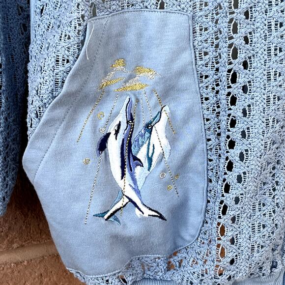 Vintage Adolfo Sport Zip Up Jacket See Thru Crochet Dolphin Embroidery Womens M - Picture 5 of 10